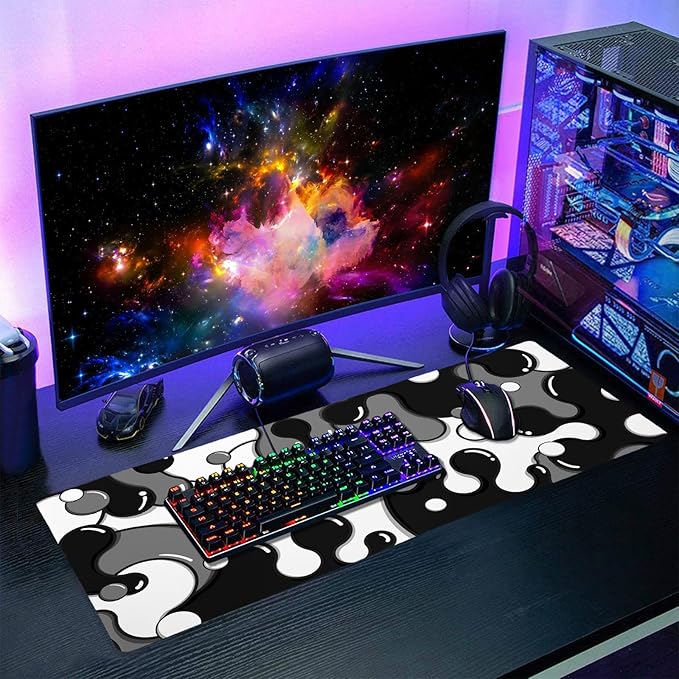 aportt Black White Grey Mouse Pad XL Anime Cool Geometric Japanese Extended Desk Mat 80X30cm Non-Slip Rubber Base Stitched Edge Large Mousepad for Desk Gaming Laptop Desktop,31.5×11.8 Inch