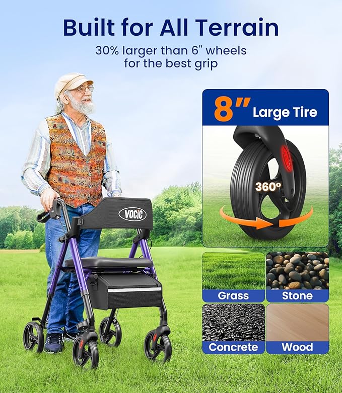 VOCIC Walkers for Seniors, Z21 Rollator Walker with Seat Supports 350lb, 8" Big Wheels for All Terrain, Ergonomic Arc Seat & 6" Ultra Backrest Foldable Walker, Dual Height Adjustment, Lightweight 2026