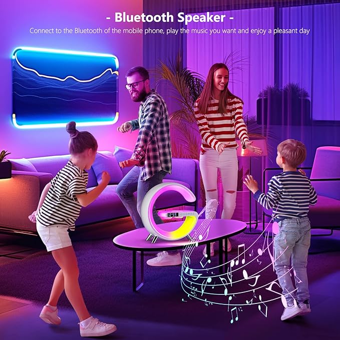 DEECOZY Multi Functional Wireless Charger Atmosphere Lamp, Intelligent Bluetooth Speaker LED Table Lamp,256 Lights Mode Dimmable Night Light Bedside Lamp Alarm Clock with Music Sync App Control(White)