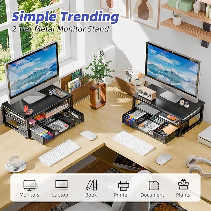 Simple Trending Desk Organizer and Accessories, 2-Tier Computer Monitor Stand Riser with Drawer for Office Supplies, Black