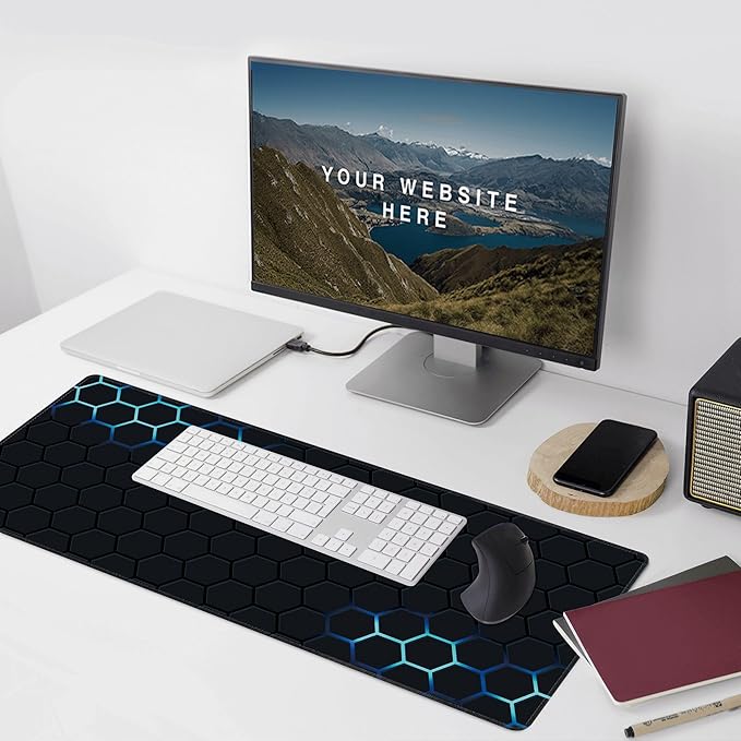 Desk Mat, Hexagon Blue Honeycomb XXL 35.4"x15.7"Large Gaming Mouse Pad, 3mm Thick Gaming Keyboard Pad,Desk Pad Non-Slip Rubber Base with Stitched Edges for Office Game Home Decor