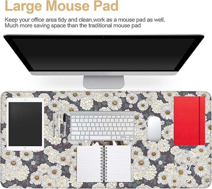 Large Mouse Pad & Keyboard Mat 35x16 Inches, Cute Rabbit in White Daisy Field Non-Slip Rubber Base Desk Mat, Large Extended Desk Protector for Home Office Gaming Setup