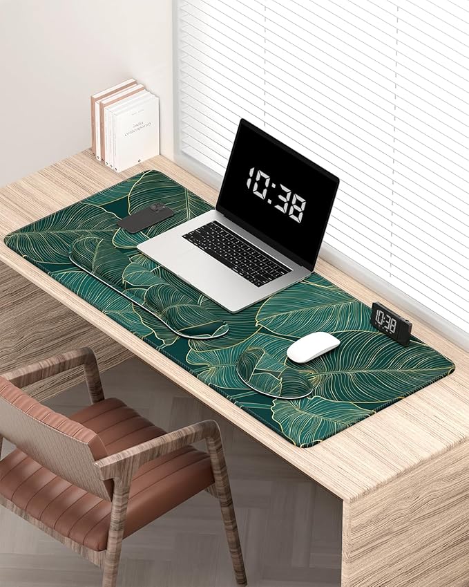 Auhoahsil Large Mouse Pad with Wrist Rests for Keyboard & Mouse, Thick Soft Ergonomic Memory Foam Wrist Supports, Big & Long Desk Mat 35.5 x 15.7 in, for Office Gaming Computer, Tropical Leaf