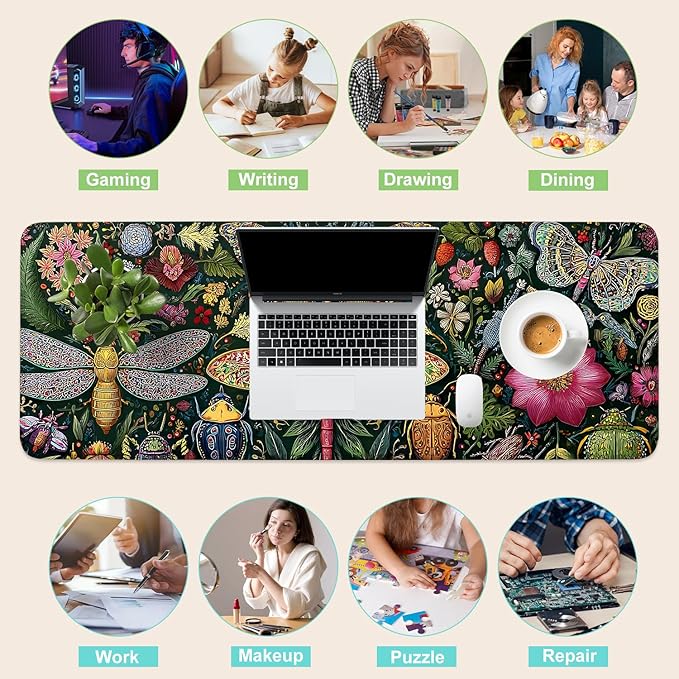 Desk Mat, XXL Extended Gaming Pad for Desktop, 31x12 Inches Butterflies and Dragonflies Garden Scene, Large Non-Slip Vegan Leather Keyboard Mouse Mat for Home Office
