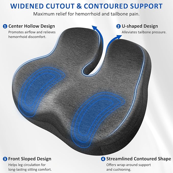 Thickened Seat Cushions for Office Chairs, Ergonomic Memory Foam Seat Cushion, Sciatica Support Pillow for Long Sitting, Coccyx Cushion for Tailbone Support, Office, Car, Pregnancy, Wheelchair