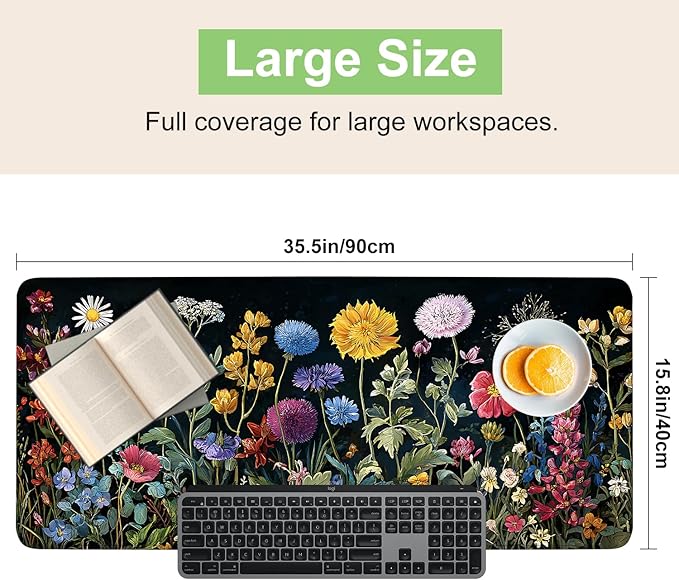 Desk Mat, XXL Extended Gaming Pad for Desktop, 35x16 Inches Dark Floral Art on Dark Background, Large Non-Slip Vegan Leather Keyboard Mouse Mat for Home Office