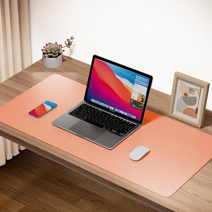 Boutilon Leather Desk Pad Protector,Non-Slip Mouse Pad,Laptop Desk Pad,Office Mouse Mat,Waterproof Leather Desk Blotter,Desk Writing Pad for Office and Home (XXL-Orange Pink,47.2"x 17")