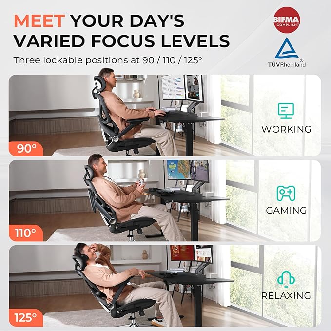 CAPOT Ergonomic Mesh Office Chair, Adjustable Lumbar High Back Desk Chair 400lbs, 4D Flip-up Arms, 3-Level Tilt Backrest, 3D Headrest, PU Wheels, Swivel Rolling Computer Seating for Long Desk Work