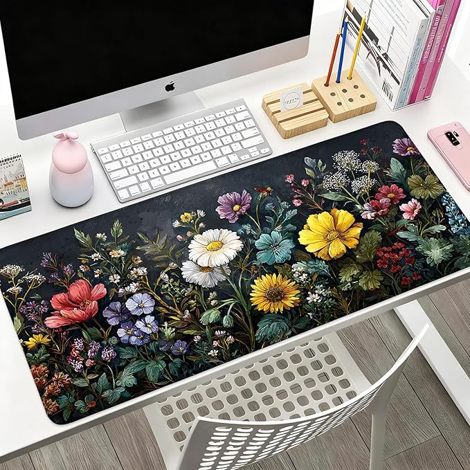 Desk Mat, XXL Extended Gaming Pad for Desktop, 31x12 Inches Vibrant Floral Colorful Flower Bouquet, Large Non-Slip Vegan Leather Surface with Stitched Edges, Keyboard Mouse Mat for Home Office