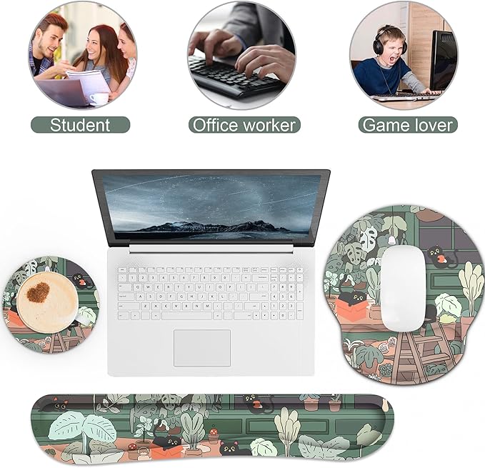 Ergonomic Mouse Pad with Wrist Rest and Keyboard Wrist Rest, Mousepad and Wrist Rest for Computer Keyboard, Non-Slip Rubber Base, Mouse Pad with Wrist Support for Gaming, Office, Cat