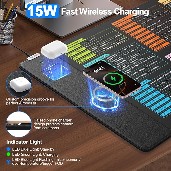 Wireless Charging Mouse Pad with Excel Formulas Shortcuts, 31.5"x15.8" Extra Large Office Spreadsheet Cheat Sheet Desk Mat, Waterproof Ultra-Smooth Surface, Non-Slip Base, with 20W PD Adapter