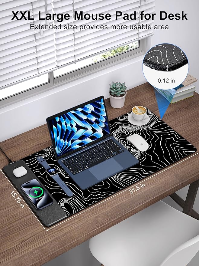 TopMade Mouse Pad with 15W Fast Wireless Charging, 31.5"x15.75" XXL Large Gaming Waterproof Desk Pad with Ultra-Smooth Surface, Non-Slip Base, Computer Desk Mat, Black Topographic Map #2