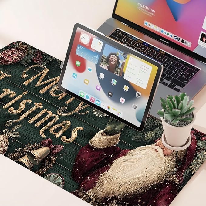 Desk Mat, XXL Extended Gaming Pad for Desktop, 31x12 Inches Vintage Santa, Large Non-Slip Vegan Leather Keyboard Mouse Mat for Home Office