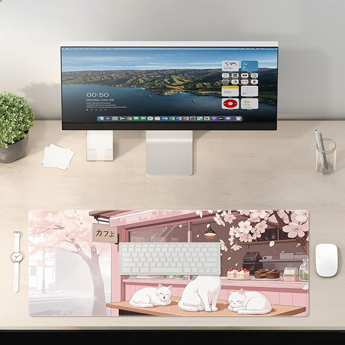 Pink Cute Cat Gaming Mouse Pad Large Desk Mat Extended Keyboard Mouse Pad Anime Mousepad with Non-Slip Base and Stitched Edge Mouse Mat Desk Pad 31.5 x 11.8 in Mouse Pads for Desk Home Office Gaming