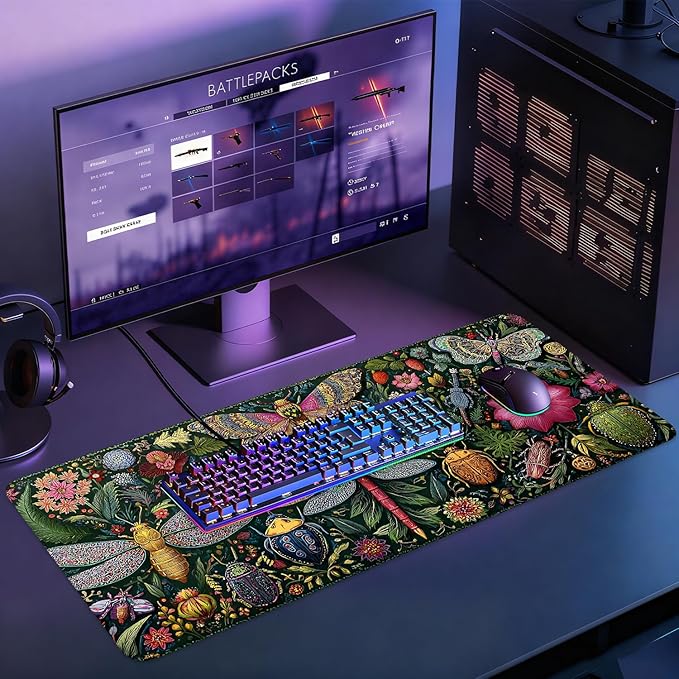 Desk Mat, XXL Extended Gaming Pad for Desktop, 35x16 Inches Butterflies and Dragonflies Garden Scene, Large Non-Slip Vegan Leather Keyboard Mouse Mat for Home Office