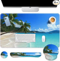 Arttown Tropical Sunshine Beach Desk Mat Summer Ocean Mouse Pad Set 4 in 1 Ergonomic Design Large Desk Pad + Keyboard Wrist Rest + Mouse Wrist Rest + Coaster Suitable for Home Office Study Game