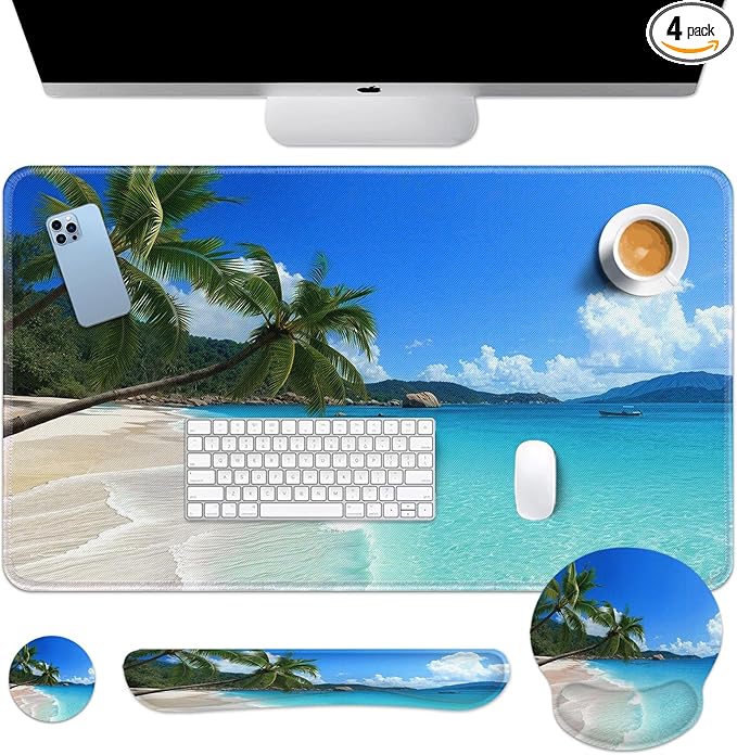 Arttown Tropical Sunshine Beach Desk Mat Summer Ocean Mouse Pad Set 4 in 1 Ergonomic Design Large Desk Pad + Keyboard Wrist Rest + Mouse Wrist Rest + Coaster Suitable for Home Office Study Game
