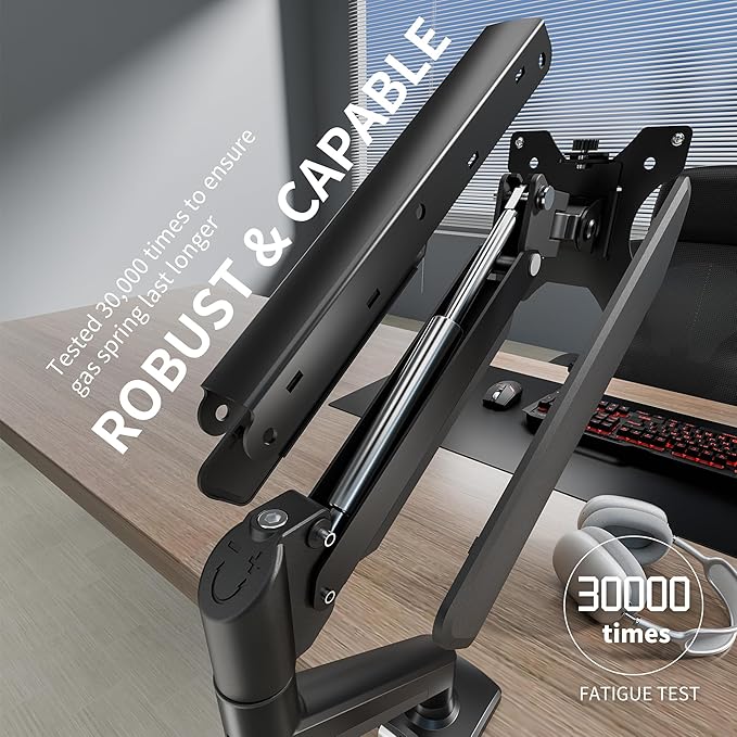 Single Monitor Arm Desk Mount，Gas Spring Monitors Arm for 17-32 inch Screens,Adjustable Computer Monitors Stand up to 4.4 to 19.8 lbs,Vesa Mount with Clamp and Grommet Base, VESA 75 & 100mm,Single