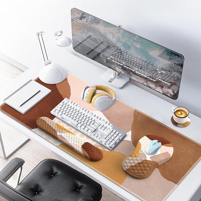 Large Mouse Pad with Wrist Rest and Keyboard Pad, Desk Pad Mat Set, 4PCS Carpal Tunnel Boho Mousepad with Wrist Support Combo, XXL Computer Office Desk Matt for Desktop Laptop, Brown Coffee