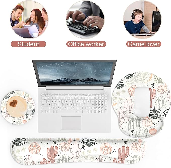 Ergonomic Mouse Pad with Wrist Rest and Keyboard Wrist Rest, Mousepad and Wrist Rest for Computer Keyboard, Non-Slip Rubber Base, Mouse Pad with Wrist Support for Gaming, Office, Cactus