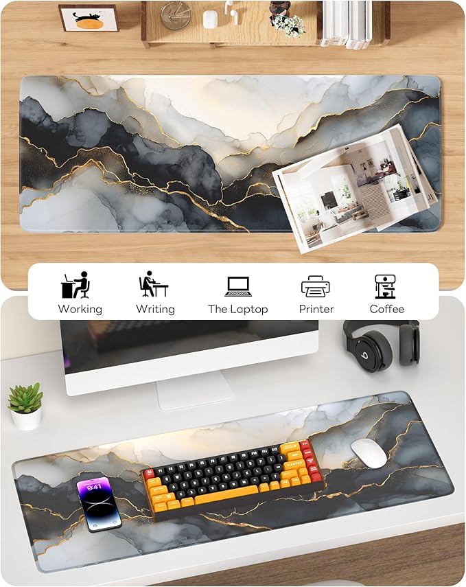 Black Marble Mouse Pad, 31.5 x 11.8 Large Desk Mat with Stitched Edges & Non-Slip Base, Mousepad for Office, Home, Work
