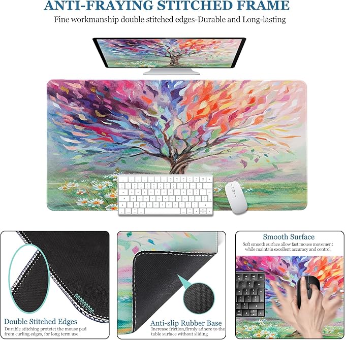 Desk Pad Oil Painting Tree, Desk Matt for Desktop, Seasons Tree of Life Gaming Mouse pad Extend XXL Large Anti-Slip Stitched Edges Waterproof Computer Laptop Keyboard Mat for Game, Home, Work, Office