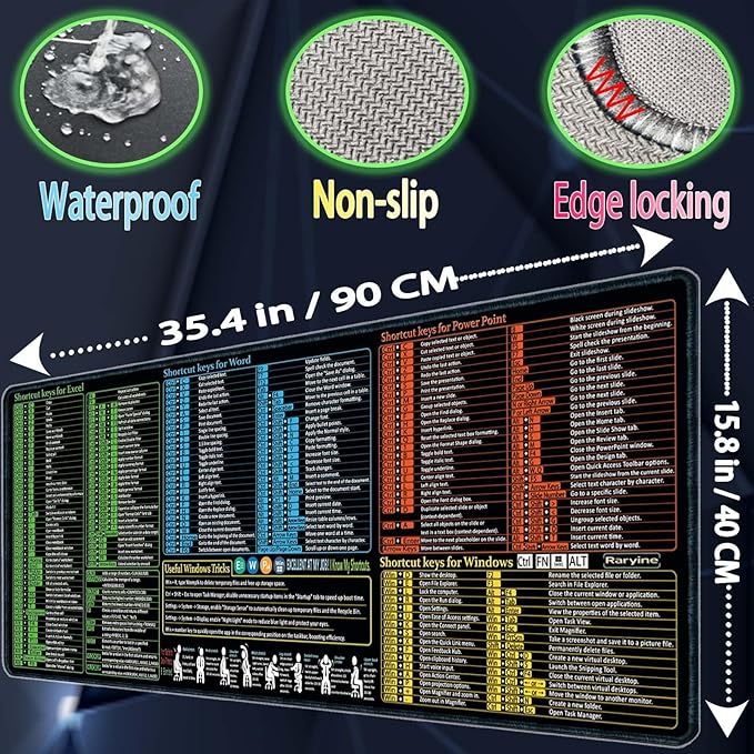 Excel/Word/Power Point/Windows Mouse pad,Non-Slip&Waterproof Large Gaming Office pc Desk mat(XXL 35.4x15.8 in),Over 200 Keyboard Shortcuts Mousepad