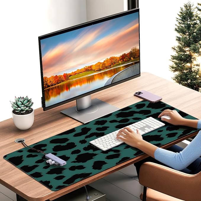XXL Gaming Mousepad, Green and Black Leopard Print, 35.4 x 15.7 inches, Non-Slip Rubber Base, Extended Desktop pad