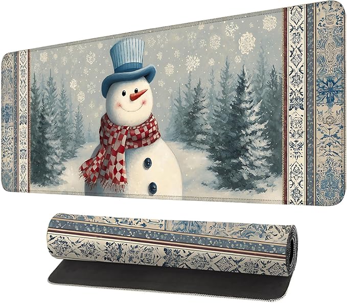Desk Mat, XXL Extended Gaming Pad for Desktop, 31x12 Inches Winter Snowman in Snowy Forest, Large Non-Slip Vegan Leather Surface with Stitched Edges, Keyboard Mouse Mat for Home Office