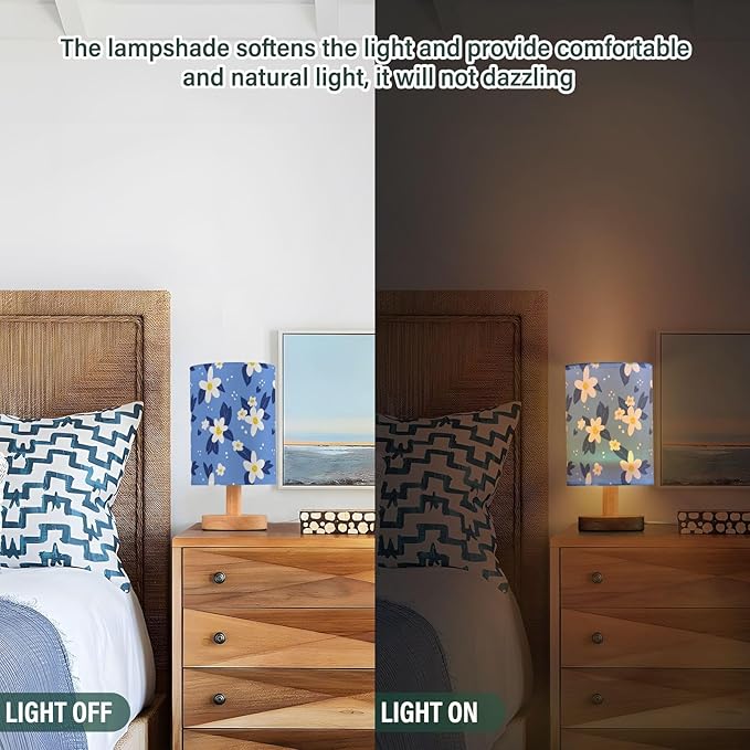 Blue Floral LED Table Lamp, Bedside Lamp with Linen Lampshade, Flicker-Free Eye Care USB Plug in Nightstand Lamp, for Bedroom and Office