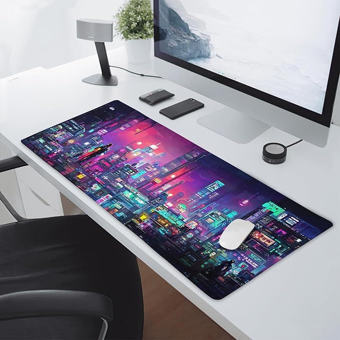 aportt Retro Japanese Anime Gaming Mouse Pad Extended Cool Dark Purple Red Vaporwave City Large Desk Mat Big Mousepad Non-Slip Rubber Base Stitched Edge Long Desk Pad for Desktop Computer,40×20 Inch