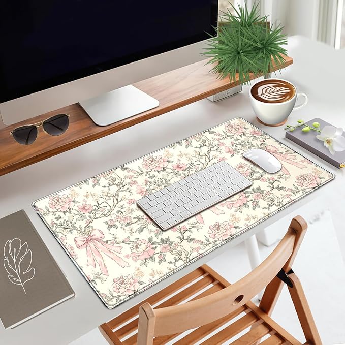 Floral Desk Mat Vintage Chinoiserie Large Mouse Pad Coquette Aesthetic Office Decor Flower Pink Bow Gaming Pad Cottagecore Desk Decor 31.5x15.7 in