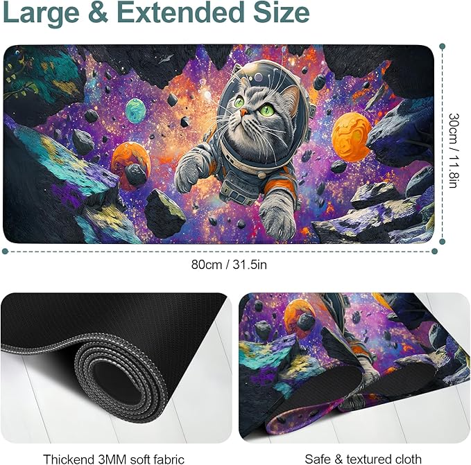 Cat Astronaut Extended Gaming Mouse Pad 31.5x11.8inches Large Desk Mat Anti-Slip Rubber Base & Durable Stitched Edges for Gamers Smooth Mouse Writing Surface for Desk Office/Home