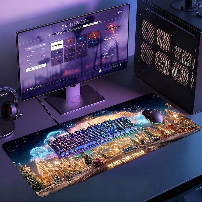 Desk Mat, XXL Extended Gaming Pad for Desktop, 35x16 Inches Magical Castle Fairytale Scene, Large Non-Slip Vegan Leather Keyboard Mouse Mat for Home Office