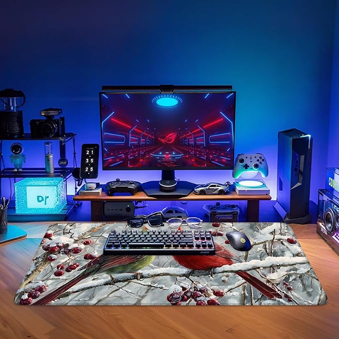 Christmas Bird Extended Gaming Mouse Pad 35.4x15.7Inch Large Desk Mat Anti-Slip Rubber Base & Durable Stitched Edges for Gamers Smooth Mouse Writing Surface for Desk Office/Home