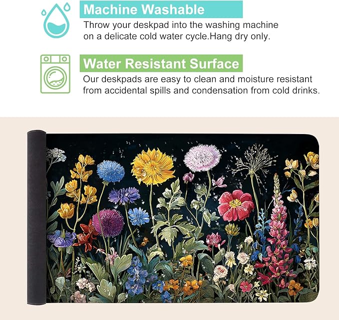 Desk Mat, XXL Extended Gaming Pad for Desktop, 35x16 Inches Dark Floral Art on Dark Background, Large Non-Slip Vegan Leather Keyboard Mouse Mat for Home Office