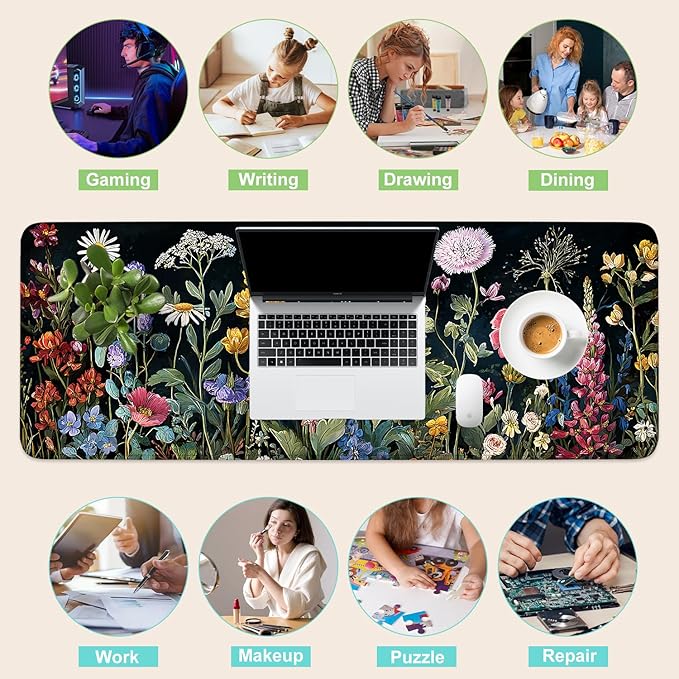 Desk Mat, XXL Extended Gaming Pad for Desktop, 35x16 Inches Vibrant Floral Colorful Flower Bouquet, Large Non-Slip Vegan Leather Surface with Stitched Edges, Keyboard Mouse Mat for Home Office
