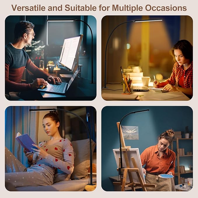 Led Desk Lamp for Home Office, Eye-Caring Desk Light with Clamp, Clip on Light for Reading, 3 Modes 10 Brightness, Flexible Goose-Neck, Memory Function, Study, Work, Draw, White