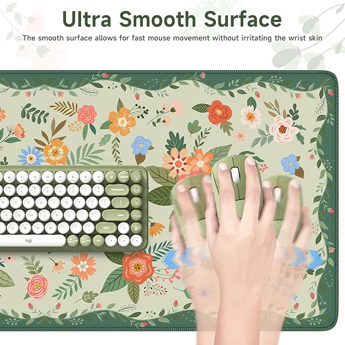 HAOCOO Green Floral Desk Mat for Keyboard and Mouse, Waterproof Desk Matt for Desktop, Large Mouse Pad, Non-Slip Keyboard Mat with Stitched Edge for Office, School, Home