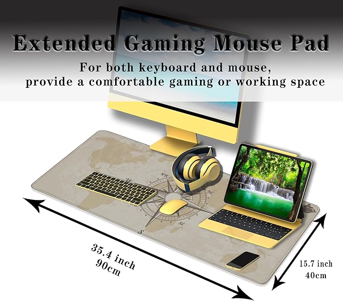 Office Desk Pad Compass Big Desk Mat, Gaming Mouse Pads Long Mousepad, Keyboard Pad Waterproof Non-Slip Rubber Base, 35.4 X 15.7 inch for Work/Game/Office/Home Old World Map Nautical Compass