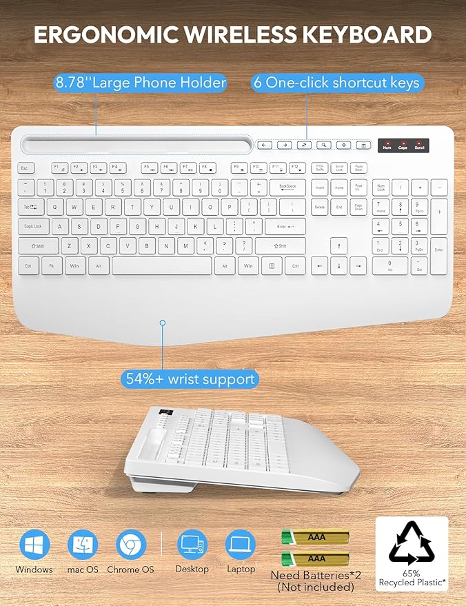 Wireless Keyboard and Mouse, Wrist Rest, Phone Holder, 2.4G Lag-Free Ergonomic Keyboards Mouse Combo, KM23D Silent Keyboards Set for Computer, Laptop, PC, Windows, White -SABLUTE