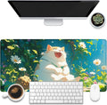 Desk Pad, Happy Fat Cat Desk Mat, Cute Anime Cat Large Gaming Mouse Pad for Desk, 31.5"x15.7" Extended Big Computer Keyboard Mouse Pad with Non-Slip Base and Stitched Edge