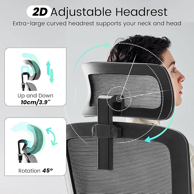 Fizzin Office Chair, Ergonomic Office Chair with Adjustable Headrest Lumbar Support Computer Chair, Desk Chair Comfy with Flip-up Armrests, Gaming Chairs for Adults Home Office (Leather, Black)