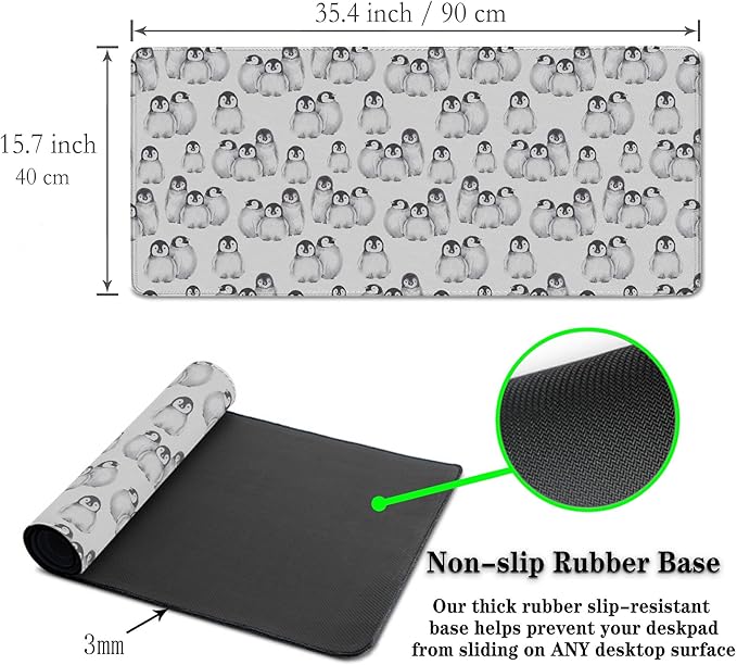 Gaming Mouse Pad White, Big Mouse Pads Office Desk Pad, XXL Mousepad Non-Slip Rubber Base Waterproof with Stitched Edges, 35.4 X 15.7 inch for Work/Game/Office/Home Little Penguin Isolated