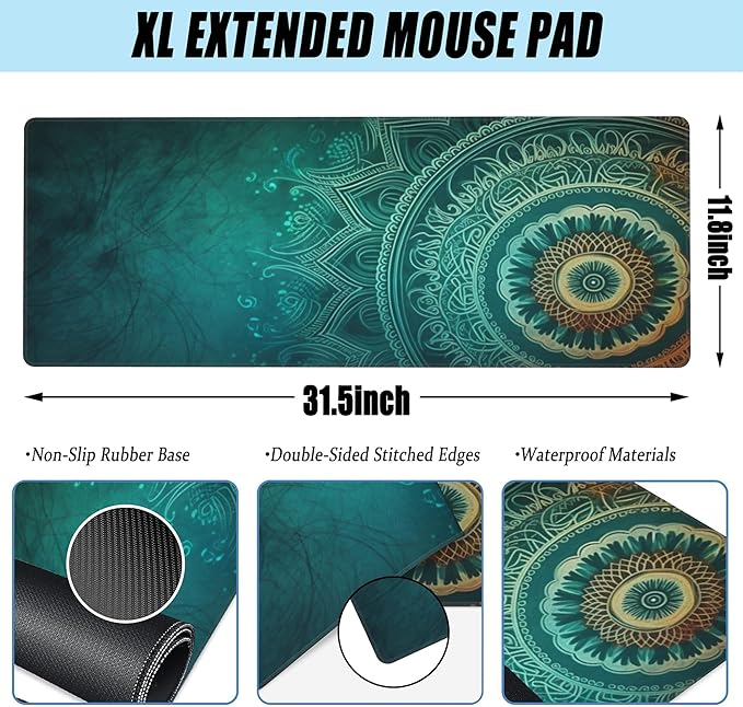 Large Gaming Mouse Pad for Desk,Retro Mandala Flower Desk Mat for Desktop,Mandala Floral Desk Pad, Extended Big Computer Keyboard Mouse Pad with Non-Slip Base and Stitched Edge 31.5"x11.8"