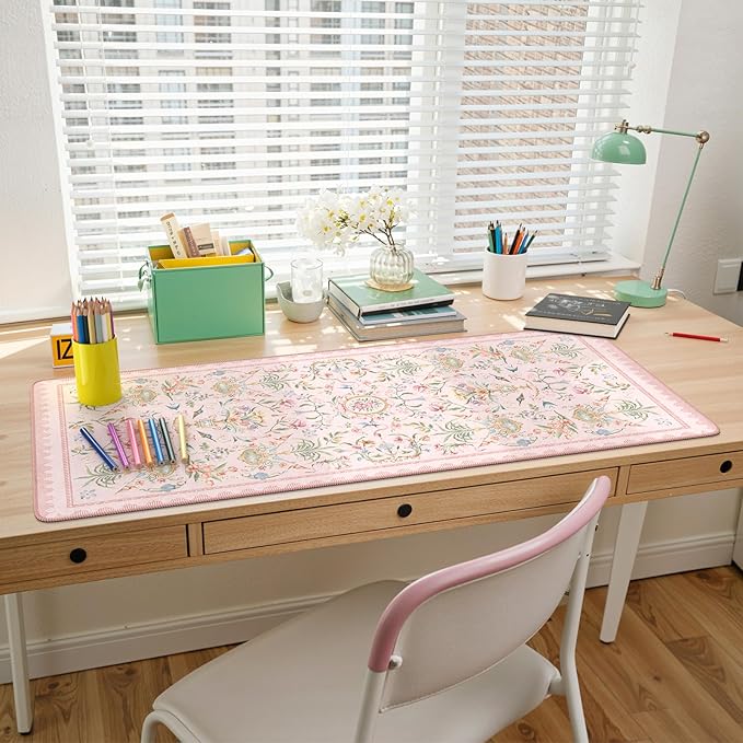 HAOCOO French Floral Desk Mat, Pink Desk Cover Mat, 35.4" x 15.7" Cute Long Mouse Pad, Aesthetic Flower Desktop Mat Accessories, Waterproof Teacher Desk Mat for Work, Study