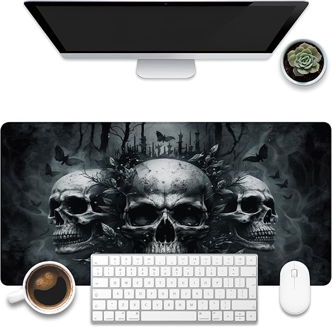 Large Gaming Mouse Pad, Ghostly Skulls in Mist Desk Mat, Scary Skulls Desk Pad, 31.5"x15.7" Extended Big Computer Keyboard Mouse Pad with Non-Slip Base and Stitched Edge