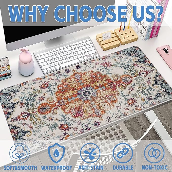 Large Gaming Mouse Pad for Desk,Boho Carpet Style Desk Mat for Desktop,Boho Rug Desk Pad,Extended Big Computer Keyboard Mouse Pad with Non-Slip Base and Stitched Edges 35.4"x15.7"