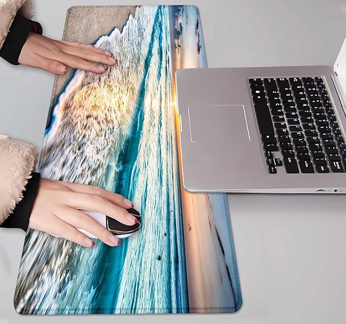 IMAYONDIA Large Mouse Pad, Non-Slip Rubber Base Mousepad with Stitched Edges, Keyboard Mouse Mat Desk Pad for Work, Game, Office, 31.5x11.8 Inch - Sunset or Sunrise Beach
