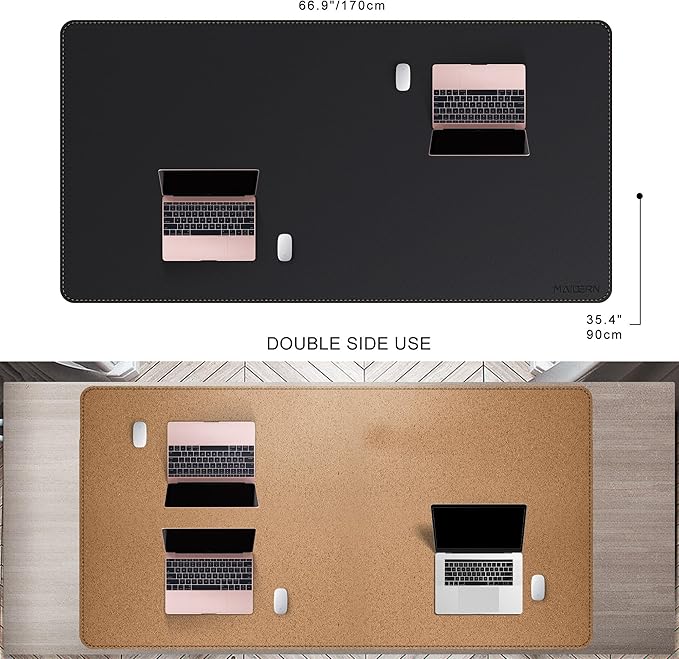 MAIDERN Leather Desk Mat Large XL, 67” x 35.4” Reversible Office Desk Pad Mat, Cork & Leather Large Mouse pad for Desk, Waterproof Computer Desk Mat for Gaming Home Office (Black)